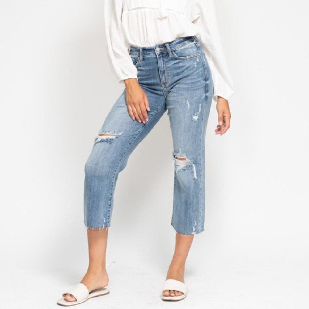 Judy Blue HW Destroyed Wide Leg Cropped Jeans Regular and Plus Sizes